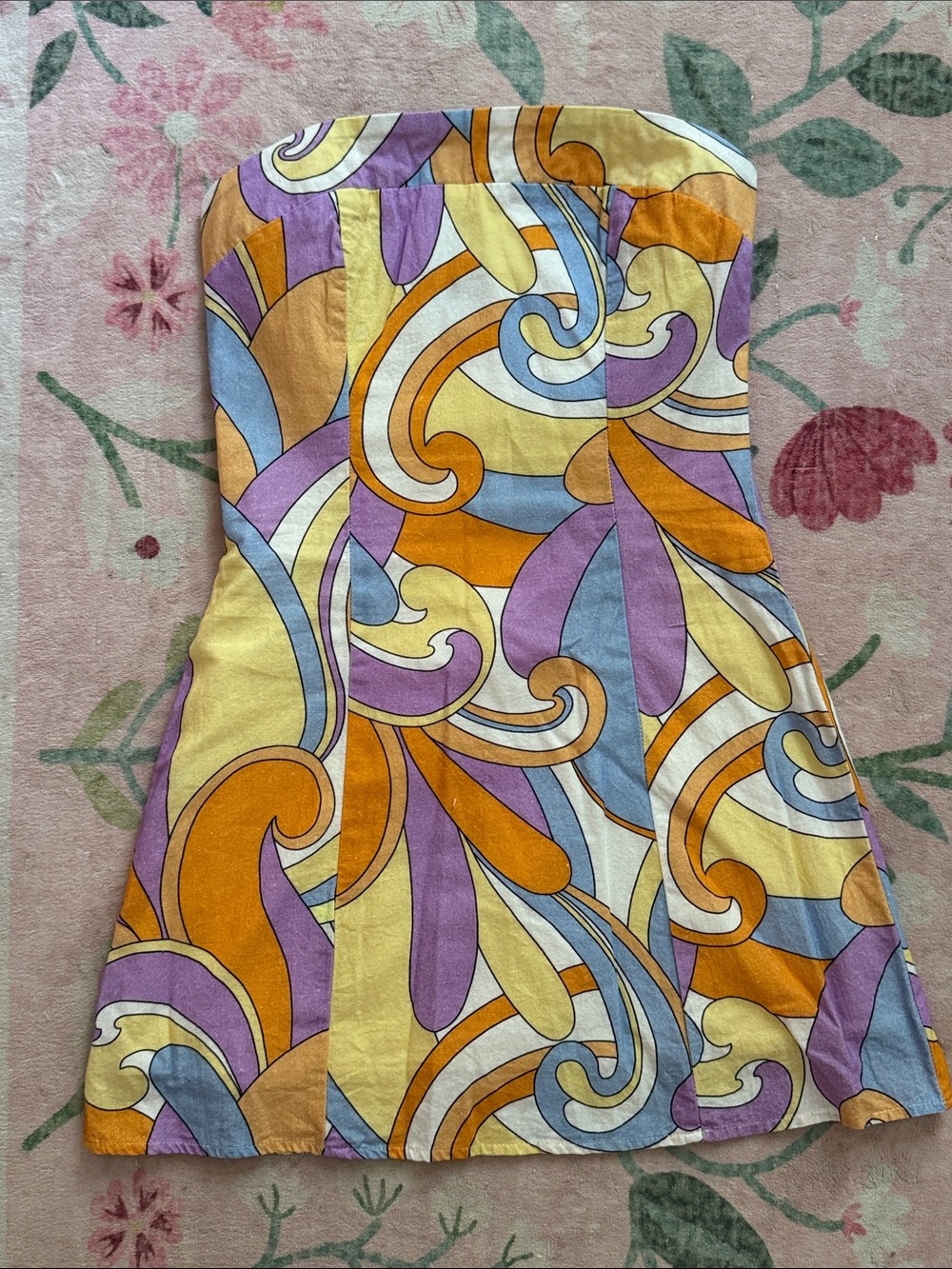 Peppermayo Strapless Retro Swirl Mini Dress in Yellow, Orange, Purple, Pale Blue - Picture 2 of 5